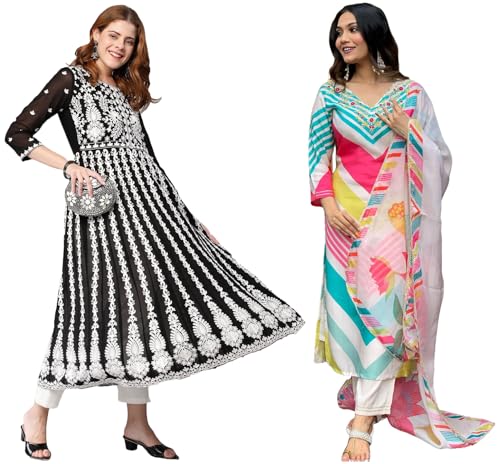 Anni Designer Women'S Cotton Blend Embroidered Straight Kurti Pant Dupatta Set Combo Pack Of 2 (Dhimi Pink & Kari Black_2106_Multicolor_Xx-Large),Multicolour,2XL