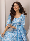 Libas Womens Printed Cotton Straight Kurta With Trousers And Dupatta Blue L 400155O