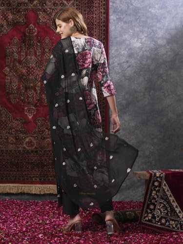 Gosriki Women'S Rayon Blend Straight Printed Kurta With Pant & Dupatta (Poona Black-Vks01-Gs_S_Black_Small),Black,,B0D9YTDKKQ