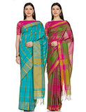 DHRUVI TRENDZ Womens Kanchipuram Cotton & Silk Saree With Blouse Piece (Dt-S1115&S1204_Multi & Rama Green)