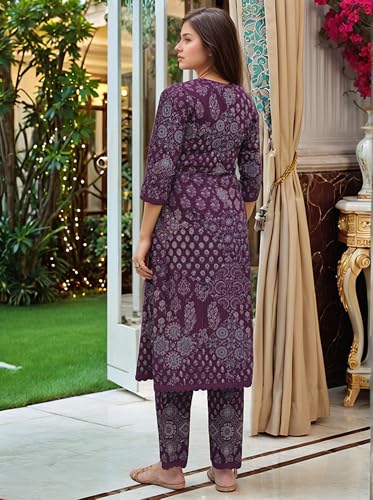 Anni Designer Women'S Rayon Viscose Straight Printed Kurta With Pant (Kadai Wine_L_Wine_Large),Wine,L,Rayon,Casual,