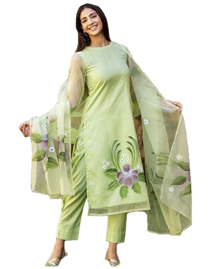Anni Designer Women'S Chanderi Cotton Straight Printed Kurta With Pant & Dupatta (Idika Green_S_Green_Small),Green,S