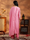 Libas Womens Woven Design Silk Blend Straight Kurta With Palazzos And Dupatta Pink Xl