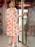 Libas Womens Printed Cotton A-Line Kurta With Trousers Off White M 27901