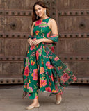 Anni Designer Women'S Cotton Blend Printed Anarkali Kurta With Pant & Dupatta (Tanujashri Green_M_Green_Medium),Green,M,Cotton Blend,Anarkali,Dupatta
