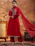 Libas Womens Embroidered Silk Blend Straight Kurta With Trousers And Dupatta Pink M