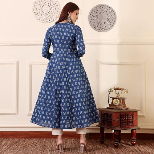 Anni Designer Women'S Rayon Viscose Anarkali Printed Kurta With Pant & Dupatta (Menon Blue_S_Blue_Small),Blue,S,Rayon Blend,Anarkali,