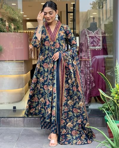 Anni Designer Women'S Rayon Blend Anarkali Printed Kurta With Palazzo & Dupatta (Cia Blue-Vks01_S_Blue_Small),Blue,S,Rayon Blend,Anarkali,