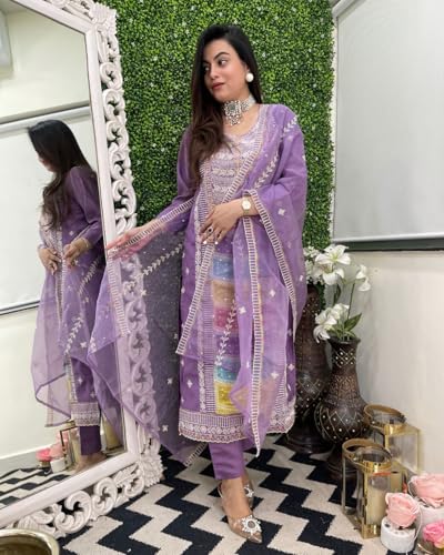 Anni Designer Women'S Rayon Viscose Straight Embroidered Kurta With Pant & Dupatta (Art Purple-Vks01_S_Purple_Small),Purple,S,Rayon Viscose,Regular,