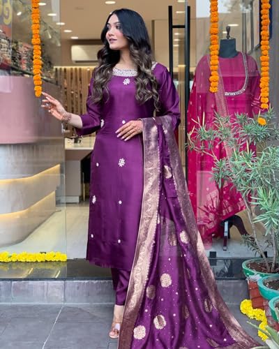 Anni Designer Women'S Cotton Blend Straight Embroidered Kurta With Pant & Dupatta (Beyond Purple_M_Purple_Medium),Purple,M,Cotton Blend,Regular,