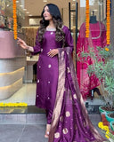 Anni Designer Women'S Cotton Blend Straight Embroidered Kurta With Pant & Dupatta (Beyond Purple_M_Purple_Medium),Purple,M,Cotton Blend,Regular,