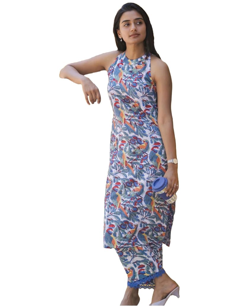 Gosriki Women'S Rayon Blend Straight Block Printed Kurta With Pant (Nanda Multi-Gs_Xxl_Blue_Xx-Large),Blue,2,B0CZJ1J4WY
