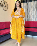 Anni Designer Women'S Rayon Viscose Embroidered Anarkali Kurta With Pant & Dupatta (Kanota Yellow-Vks05_S_Yellow_Small),Yellow,S,Rayon,Anarkali,