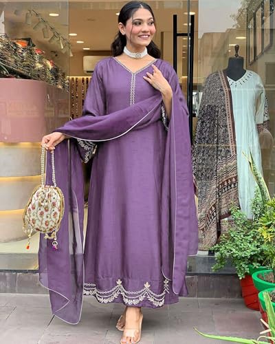 Anni Designer Women'S Rayon Viscose Anarkali Embroidered Kurta With Pant & Dupatta (Ranibai Purple_Xl_Purple_X-Large),Purple,XL,Rayon Blend,Classic,