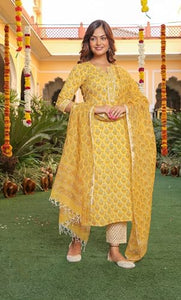 Alvami Viscose Women Printed Straight Kurta Pant With Dupatta Set, Yellow
