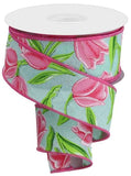 Tulips Wired Edge Ribbon, 10 Yards (1.5 Inch, Mint, Pink, Multi)