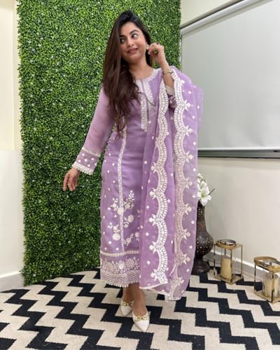 Anni Designer Women'S Rayon Blend Straight Embroidered Kurta With Pant & Dupatta (Rosewood Purple_5Xl_Purple_Xxxxx-Large),Purple,5XL,Rayon Blend,Regular,