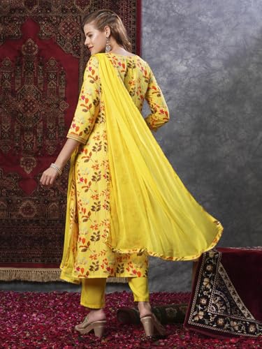 Anni Designer Women'S Cotton Blend Printed Straight Kurta And Pant With Dupatta (Kaleping-Yellow_5Xl_Yellow_Xxxxx-Large),Yellow,5XL,Cotton Blend,Regular,