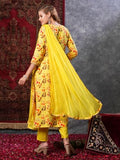 Anni Designer Women'S Cotton Blend Printed Straight Kurta And Pant With Dupatta (Kaleping-Yellow_Xxl_Yellow_Xx-Large),Yellow,2XL,Cotton Blend,Regular,