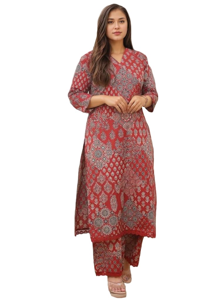 Anni Designer Women'S Rayon Viscose Straight Printed Kurta With Pant (Kadai Red-Vks02_Xxl_Red_Xx-Large),Red,2XL