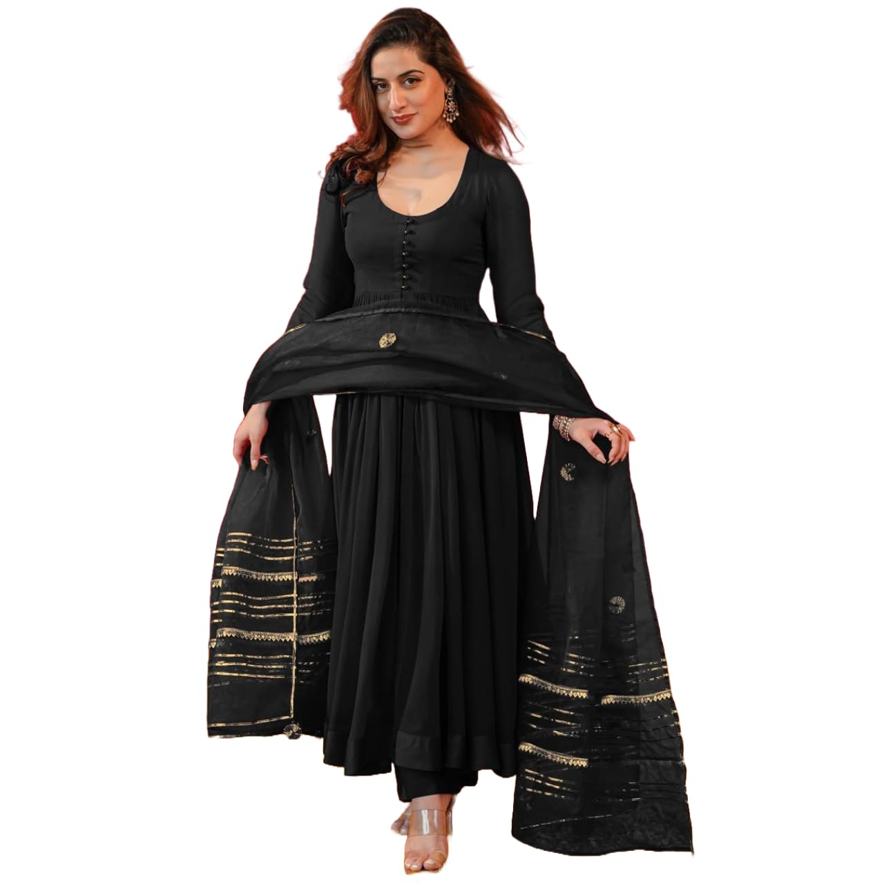 Anni Designer Women'S Rayon Blend Anarkali Solid Kurta With Pant & Dupatta (Jayanti Black_L_Black_Large),Black,L