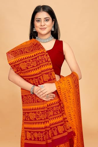 Tamaira Fashion Women'S Plain Cotton Saree (2536_Gold&Red