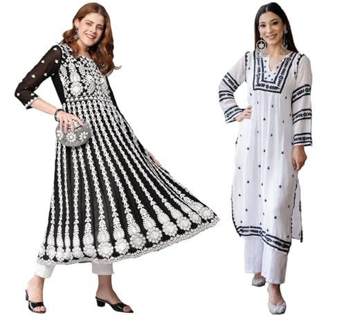 Anni Designer Women'S Cotton Blend Embroidered Straight Kurti Combo Pack Of 2 (Stho White & Kari Black_2096_Multicolor_Xxxx-Large),Multicolour,4XL