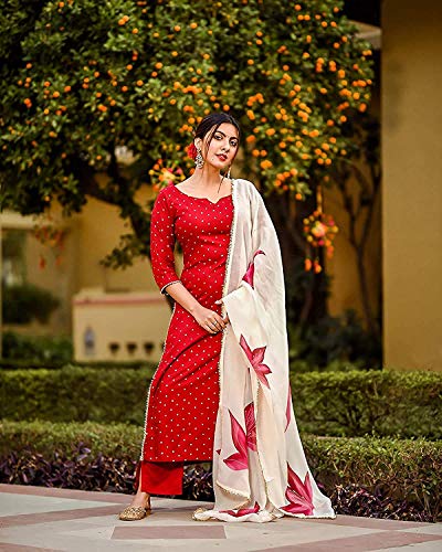 Gosriki Women'S Rayon Kurta Pant With Dupatta (Red_Xl-Go Xx-Large) X Large,Red,,B08PDDFLSK