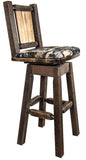 Montana Woodworks Homestead Collection Barstool With Back & Swivel, Upholstered Seat, Woodland Pattern With Laser Engraved Wolf