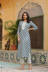 Gosriki Women'S Cotton Blend Straight Printed Kurta With Pant (Tbh Blue-Bfv-Gs_3Xl_Blue_Xxx-Large),Blue,3,B0CPXVDDQB