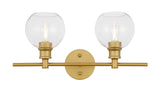 Living District Collier Industrial Mid-Century Modern 2 Light Entryway And Bathroom Wall Sconce In Brass And Clear Glass