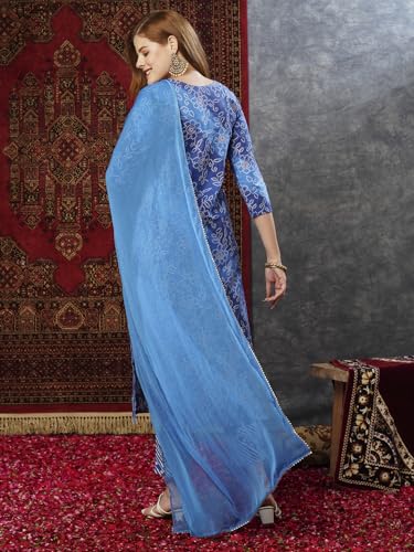 Gosriki Women'S Cotton Blend Straight Printed Kurta With Pant & Dupatta (Vedhabali Blue-Jl-Gs_Xxl_Blue_Xx-Large),Blue,2,B0D73VCPHP