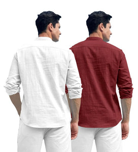 Royalscout Combo Of Men'S Solid Cotton Blend Full Sleeve Straight Kurta Shirt (Pack Of 2) White-Marron S