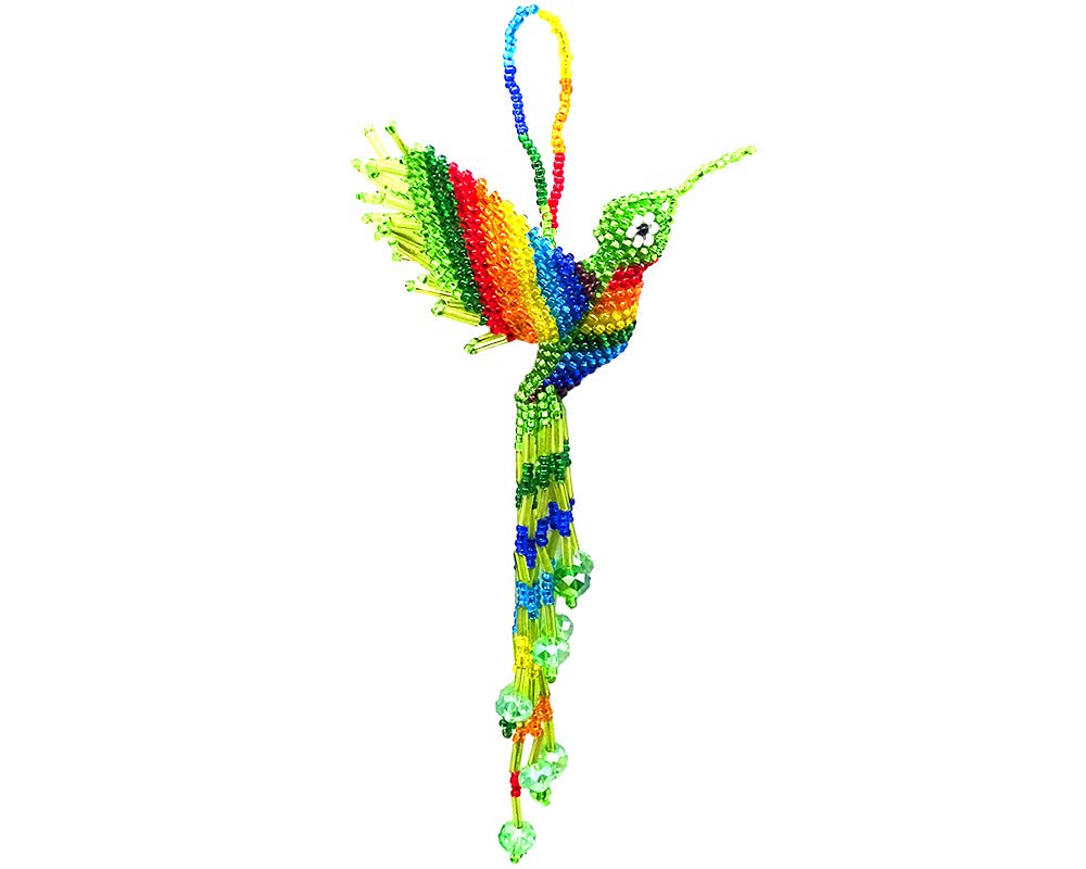 Hummingbird Hanging Figurine Ornament Czech Glass Seed Bead Fringe Tail Dangles - Handmade Gifts Spirit Animal Boho Accessories 