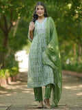 Libas Womens Printed Cotton Straight Kurta With Trousers And Dupatta Green 2Xl 48889
