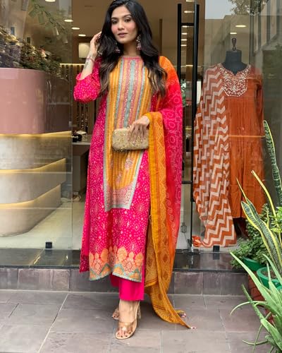 Gosriki Women'S Rayon Blend Printed Straight Kurta With Pant & Dupatta (Shubhangi Rani-Gs_L_Pink_Large),Pink,,B0DPZB5ZWM