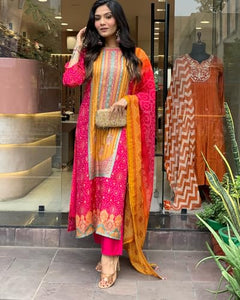 Gosriki Women'S Rayon Blend Printed Straight Kurta With Pant & Dupatta (Shubhangi Rani-Gs_L_Pink_Large),Pink,,B0DPZB5ZWM