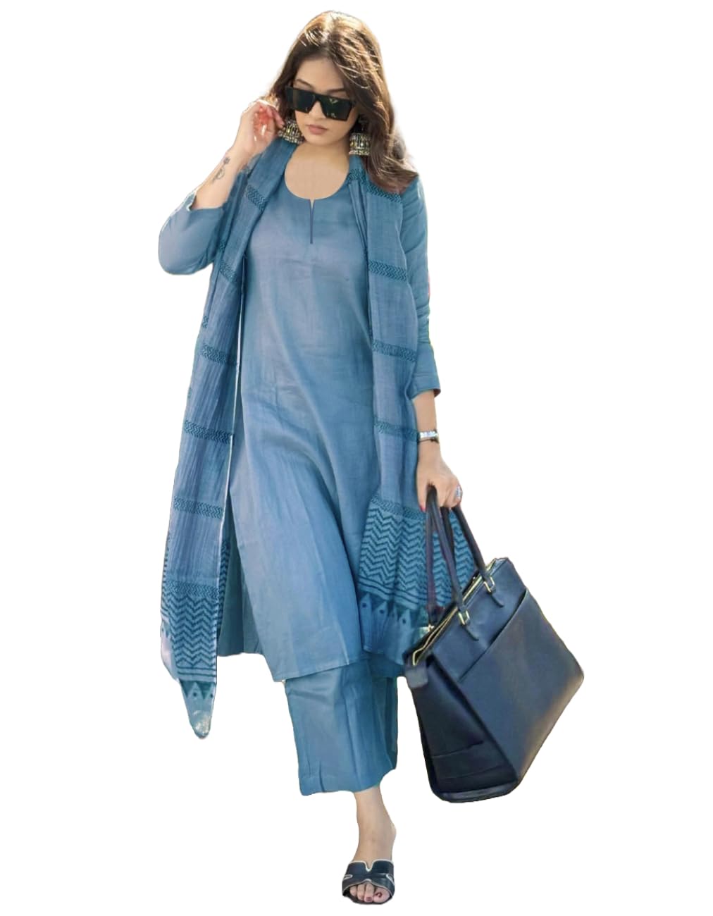 Anni Designer Women'S Rayon Blend Straight Solid Kurta With Pant & Dupatta (Raja Saab Light Blue_3Xl_Light Blue_Xxx-Large),Light Blue,3XL
