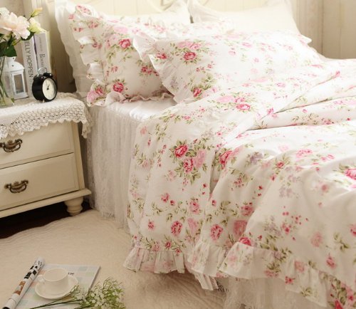 Kolachic Country Rose Roses Pink Floral Flower Duvet Cover Bedding Set 3 Pieces, 1 Duvet Cover & 2 Pillowcases 100% Cotton (Quee