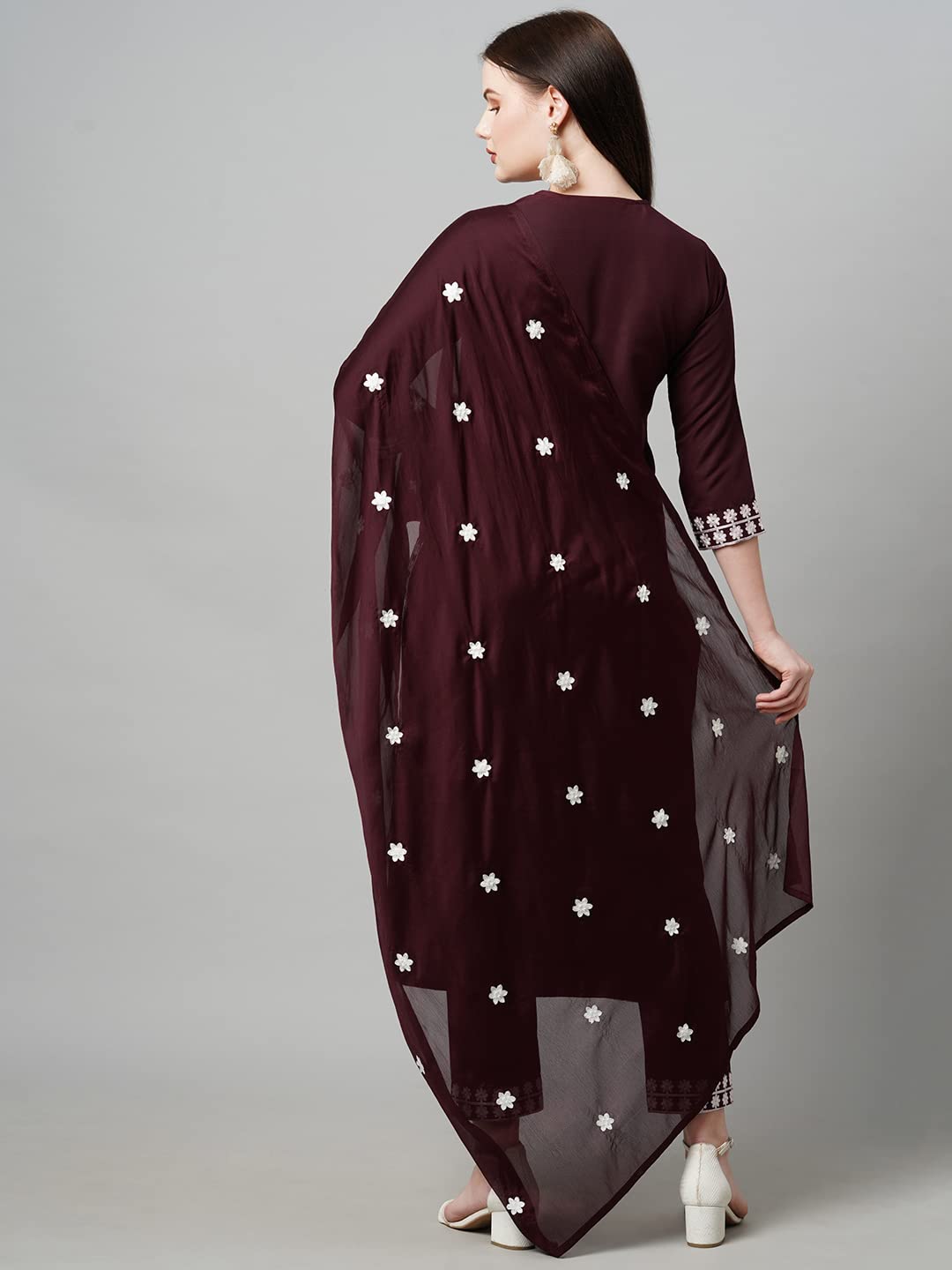 Anni Designer Women'S Cotton Blend Embroidered Straight Kurta With Pant & With Dupatta (Dalfuna Wine_M_Wine_Medium),Wine,M,Cotton Blend,Regular,Kurta and Pant with Dupatta