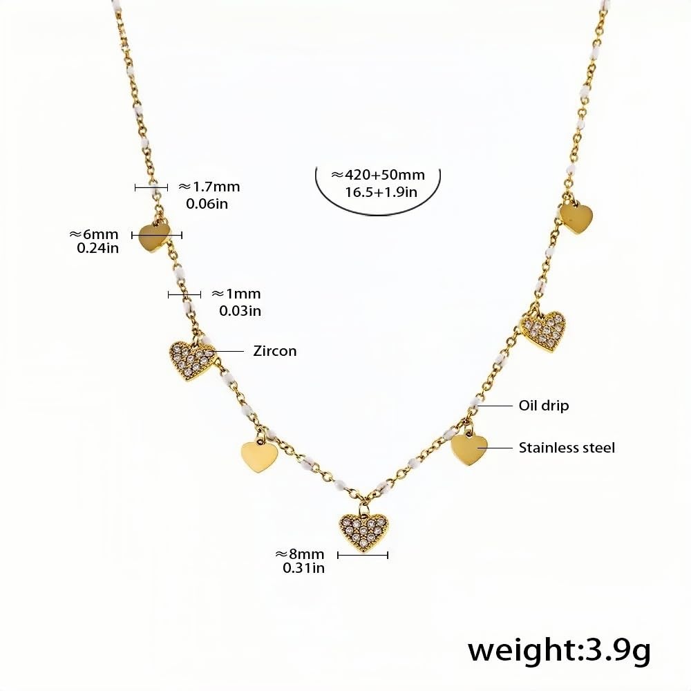 Dainty Heart Charm Necklace Gold Plated Stainless Steel with Zircon Accents Adjustable 16.5''+1.9'' Womens Layering Jewelry (