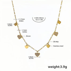 Dainty Heart Charm Necklace Gold Plated Stainless Steel with Zircon Accents Adjustable 16.5''+1.9'' Womens Layering Jewelry (