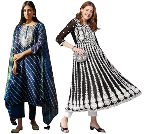 Gosriki Women'S Embroidered Kurti & Kurti Pant Dupatta Set Combo Pack Of 2 (Doremi Navy & Kari Black-Gs_Xl_Multi_X-Large),Multicolour,,B0D17W222S