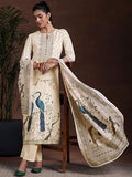Libas Womens Printed Crepe Straight Kurta With Trousers And Dupatta Off White M