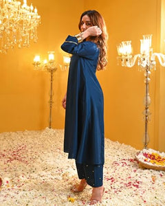 Gosriki Women'S Rayon Blend Straight Solid Kurta With Palazzo (Moroko Kerosin-Gs_L_Blue_Large),Blue,,B0DJWFRGXB