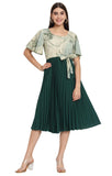 Otabu Women ALine Dress With Pleats, Has An Round Neck, Printed Top Comes With A Belt And Flared Sleeves (Xs, Green)