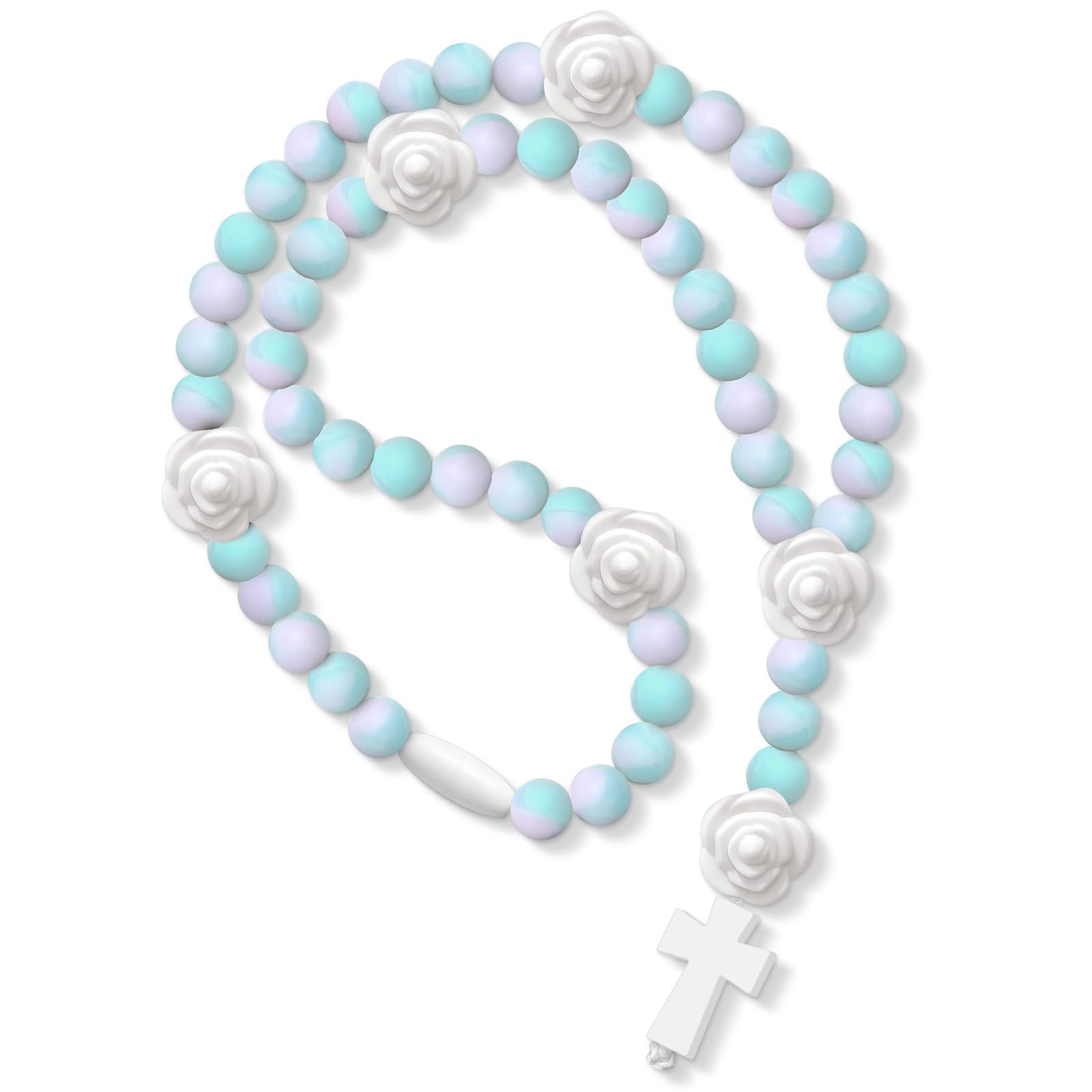 BAEAIEOU Silicone Baptism Rosary - First Communion Blue Rosary Cross with God Loves You Card Rosarios Catolicos Rose Beads Baby 