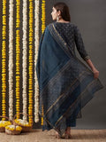 Anni Designer Women'S Cotton Blend Straight Printed Kurta With Pant & Dupatta (Kabala Blue_S_Blue_Small),Blue,S,Cotton Blend,Kabala Blue_223,Kurta, Scarf