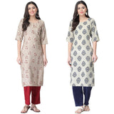 Pinkmint Kurta Set for Women ll Printed Kurti & Pant Set ll Regular Kurta Set ll (Pack of 2) Beige-Olive