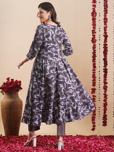 Anni Designer Women'S Rayon Blend Anarkali Printed Kurta With Pant (Sipradh Grey_L_Grey_Large),Grey,L,Rayon Blend,Anarkali,Kurta